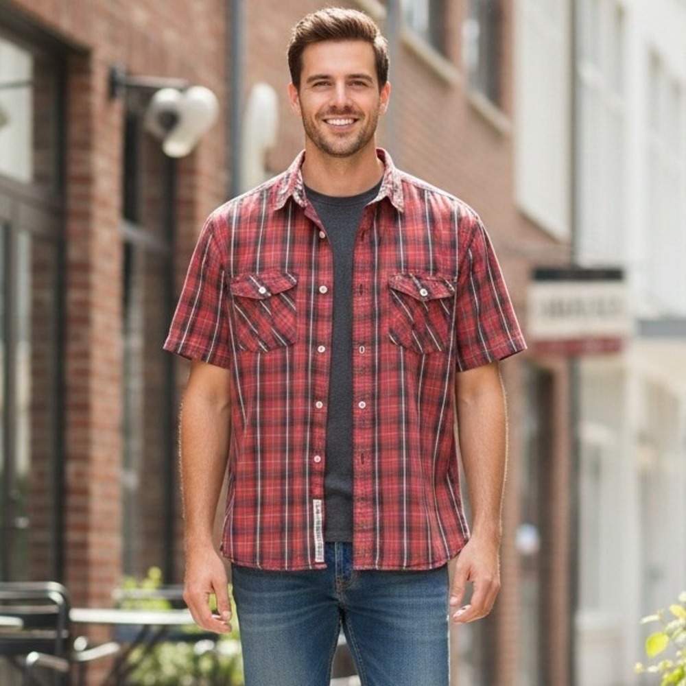 Nautica Jeans‎ Co Button Down Shirt Men's Size L Red Plaid Short Sleeve Preppy